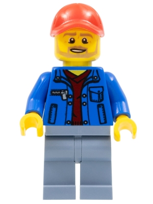 LEGO Race Marshal - Male, Blue Jacket over Dark Red V-Neck Sweater, Sand Blue Legs, Red Cap with Hole, Beard minifigure