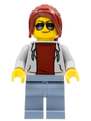 LEGO Race Marshal - Female, Light Bluish Gray Hoodie over Dark Red Shirt, Sand Blue Legs, Dark Red Ponytail Long with Side Bangs, Sunglasses and Peach Lips minifigure