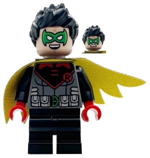 LEGO Robin - Green Mask, Red Hands, Black Medium Legs, Scalloped Asymmetrical Cape Black and Yellow Sides minifigure