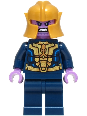LEGO Thanos - Minifigure, Dark Blue and Gold Outfit, Dark Blue Arms, Medium Lavender Hands, Helmet minifigure