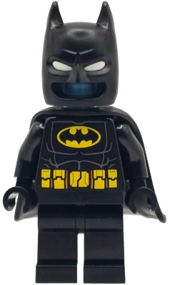 LEGO Batman Batsuit - Black with Yellow Belt with Medium Nougat Details, Cowl with White Eyes, Flexible Rubber Cape, Trans-Light Blue Head minifigure sh1115
