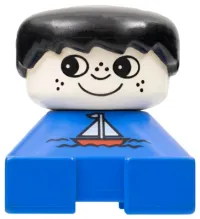 LEGO Duplo 2 x 2 x 2 Figure Brick, Blue Base with Sailboat Pattern, White Head with Freckles, Black Male Hair minifigure