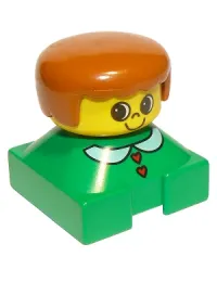 LEGO Duplo 2 x 2 x 2 Figure Brick, Green Base with White Collar and Red Heart Buttons, Yellow Head, Dark Orange Female Hair minifigure