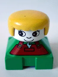 LEGO Duplo 2 x 2 x 2 Figure Brick, Green Base with Rust Overalls and Wrench Pattern, White Head with Eyelashes, Yellow Female Hair minifigure