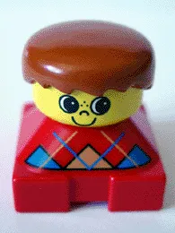 LEGO Duplo 2 x 2 x 2 Figure Brick, Red Base with Blue Argyle Sweater Pattern, Yellow Head with Freckles on Nose, Dark Orange Male Hair minifigure