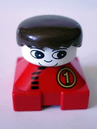 LEGO Duplo 2 x 2 x 2 Figure Brick, Red Base with Number 1 Race Pattern, White Head, Black Male Hair minifigure