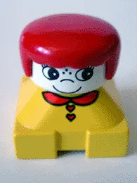 LEGO Duplo 2 x 2 x 2 Figure Brick, Yellow Base with Red Collar and Red Heart Buttons, White Head with Eyelashes, Red Female Hair minifigure