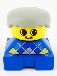 LEGO Duplo 2 x 2 x 2 Figure Brick, Blue Base with Yellow Argyle Sweater Pattern, Yellow Head with Moustache, Light Gray Male Hair minifigure
