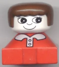 LEGO Duplo 2 x 2 x 2 Figure Brick, Red Base with White Collar and Pink Buttons, White Head with Eyelashes, Brown Female Hair minifigure