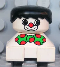 LEGO Duplo 2 x 2 x 2 Figure Brick, Clown, White Base, Green Bow with Red Dots, Black Hair, White Face with Red Nose minifigure