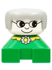 LEGO Duplo 2 x 2 x 2 Figure Brick, Grandmother, Green Base, Gray Hair, White Head, Yellow Collar with Flower minifigure