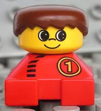 LEGO Duplo 2 x 2 x 2 Figure Brick, Red Base With Number 1 Race Pattern, Yellow Head, Brown Male Hair minifigure