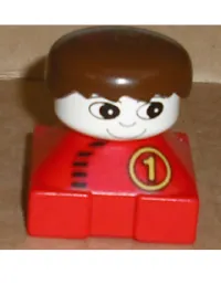 LEGO Duplo 2 x 2 x 2 Figure Brick, Red Base with Number 1 Race Pattern, White Head, Brown Male Hair minifigure