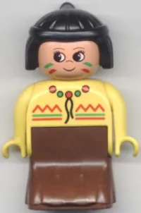LEGO Duplo Figure, Female Lady, Brown Dress, Yellow Top, Black Hair (American Indian) minifigure