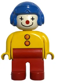 LEGO Duplo Figure, Male Clown, Red Legs, Yellow Top with 2 Buttons, Yellow Arms, Blue Aviator Helmet minifigure