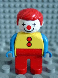 LEGO Duplo Figure, Male Clown, Red Legs, Yellow Top with 2 Buttons, Blue Arms, Red Hair Straight minifigure