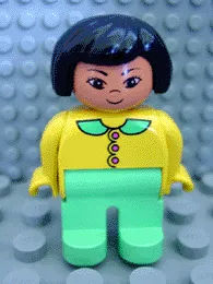 LEGO Duplo Figure, Female, Light Green Legs, Yellow Blouse, Black Hair, Asian Eyes minifigure