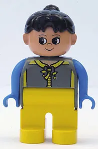 LEGO Duplo Figure, Female, Yellow Legs, Dark Gray Top with Yellow Zipper and Blue Arms, Black Ponytail minifigure