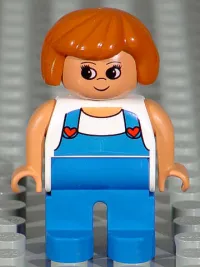 LEGO Duplo Figure, Female, Blue Legs, White Top with Blue Overalls with Red Hearts minifigure