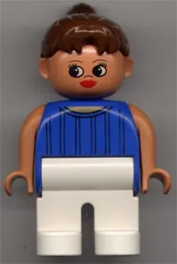 LEGO Duplo Figure, Female, White Legs, Blue Striped Top, Nougat Arms, Ponytail minifigure