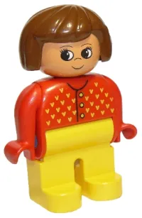 LEGO Duplo Figure, Female, Yellow Legs, Red Sweater with Yellow V Stitching, Brown Hair, Turned Up Nose minifigure
