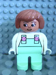 LEGO Duplo Figure, Female, Light Green Legs, White Top with Light Green Overalls with Pink Buttons, Fabuland Brown Hair minifigure