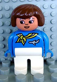 LEGO Duplo Figure, Female, White Legs, Blue Top with Scarf and Jet Airplane, Brown Hair, Turned Down Nose (Flight Attendant) minifigure