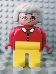 LEGO Duplo Figure, Female, Yellow Legs, Red Blouse with White Collar, Gray Hair, Glasses, Asian Eyes minifigure