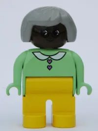 LEGO Duplo Figure, Female, Yellow Legs, Light Green Top with Heart Buttons, Gray Hair, Brown Head minifigure