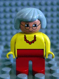 LEGO Duplo Figure, Female, Red Legs, Yellow Top with Red Necklace, Gray Hair, Glasses minifigure