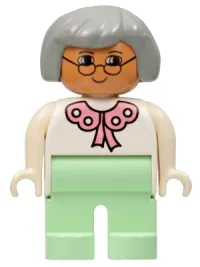 LEGO Duplo Figure, Female, Light Green Legs, White Blouse, Gray Hair, Glasses minifigure