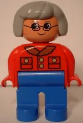 LEGO Duplo Figure, Female, Blue Legs, Red Jacket, Light Gray Hair, Glasses minifigure