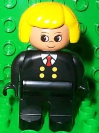 LEGO Duplo Figure, Female, Black Legs, Red Tie and Black Suit, Yellow Hair minifigure