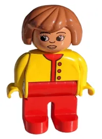 LEGO Duplo Figure, Female, Red Legs, Yellow Top Unbuttoned with Red Buttons, Fabuland Brown Hair minifigure