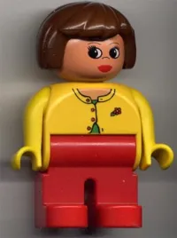 LEGO Duplo Figure, Female, Red Legs, Yellow Blouse with Red Buttons, Brown Hair minifigure