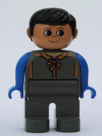 LEGO Duplo Figure, Male, Dark Gray Legs, Dark Gray Zippered Coat, Blue Arms, Black Hair minifigure