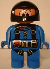 LEGO Duplo Figure, Male Action Wheeler, Blue Legs, Blue Jumpsuit with Parachute Straps, Black Racing Helmet minifigure