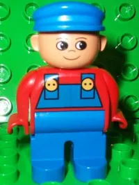 LEGO Duplo Figure, Male, Blue Legs, Red Top with Blue Overalls, Blue Cap, Turned Up Nose minifigure