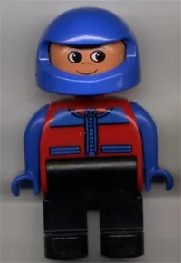 LEGO Duplo Figure, Male, Black Legs, Red and Blue Zippered Jacket, Blue Racing Helmet minifigure
