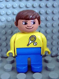 LEGO Duplo Figure, Male, Blue Legs, Yellow Top with Tennis Racket and Ball Pattern, Brown Hair minifigure