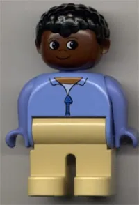 LEGO Duplo Figure, Male, Tan Legs, Blue Zippered Jacket, Black Curly Hair, Brown Head minifigure