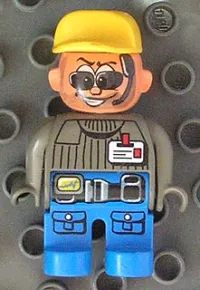 LEGO Duplo Figure, Male Action Wheeler, Blue Legs, Dark Gray Top with ID Badge with Belt, Yellow Cap, Sunglasses minifigure