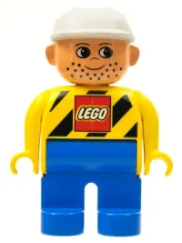 LEGO Duplo Figure, Male, Blue Legs, Yellow Top with Black Stripes and Lego Logo, Construction Hat White minifigure