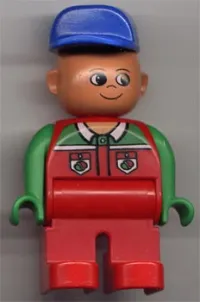 LEGO Duplo Figure, Male, Red Legs, Red Top with Octan Logo, Crooked Blue Hat minifigure