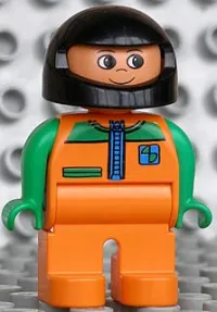 LEGO Duplo Figure, Male, Orange Legs, Orange Top with Racer Zipper, Green Arms, Black Helmet minifigure
