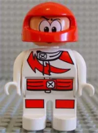 LEGO Duplo Figure, Male Action Wheeler, White Legs, White Top with Racer Red Lightning Bolt and Lines, Red Helmet with Large Eyes minifigure