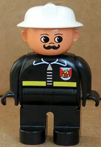 LEGO Duplo Figure, Male Fireman, Black Legs, Black Top with Fire Logo and Zipper, White Fire Helmet, Moustache minifigure