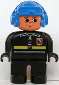 LEGO Duplo Figure, Male Fireman, Black Legs, Black Top with Fire Logo and Zipper, Blue Aviator Helmet minifigure