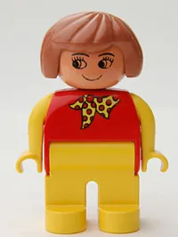 LEGO Duplo Figure, Female, Yellow Legs, Red Top with Yellow and Red Polka Dot Scarf, Yellow Arms, Fabuland Brown Hair, without Nose minifigure