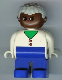 LEGO Duplo Figure, Male, Blue Legs, White Two Button Cardigan, Gray Hair, Brown Head minifigure